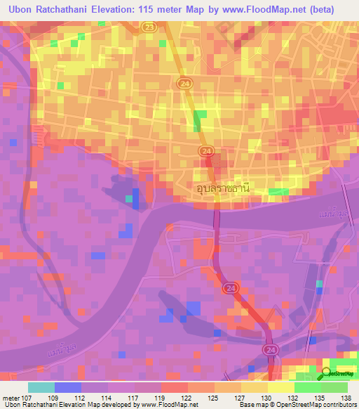Ubon Ratchathani,Thailand Elevation Map