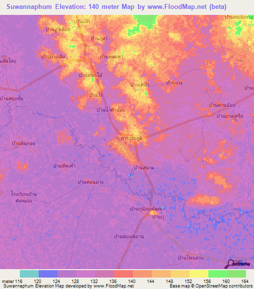 Suwannaphum,Thailand Elevation Map