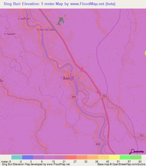 Sing Buri,Thailand Elevation Map