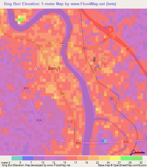 Sing Buri,Thailand Elevation Map