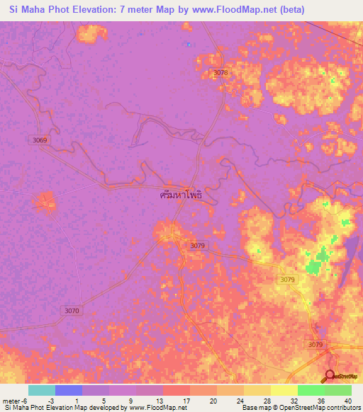 Si Maha Phot,Thailand Elevation Map