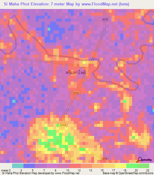 Si Maha Phot,Thailand Elevation Map