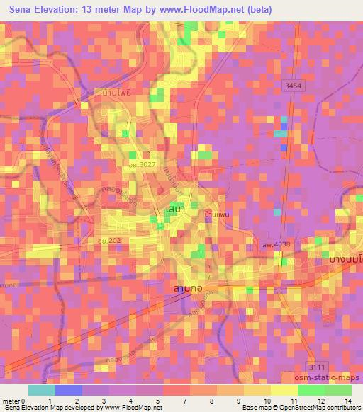 Sena,Thailand Elevation Map