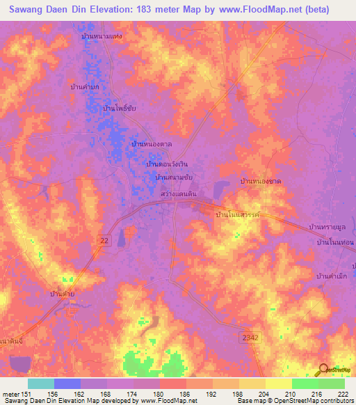 Sawang Daen Din,Thailand Elevation Map