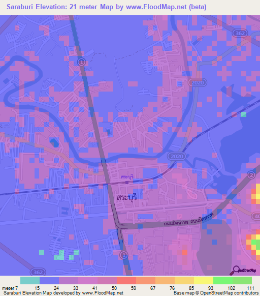 Saraburi,Thailand Elevation Map