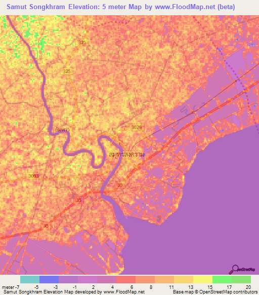 Samut Songkhram,Thailand Elevation Map