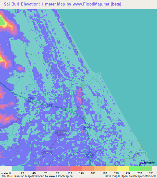 Sai Buri,Thailand Elevation Map
