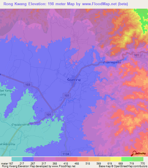 Rong Kwang,Thailand Elevation Map