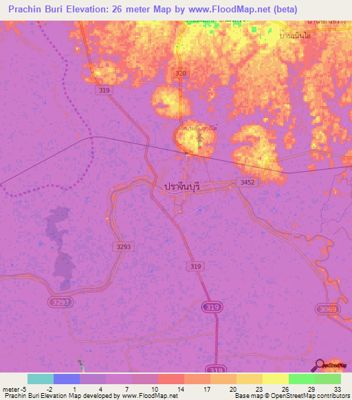 Prachin Buri,Thailand Elevation Map