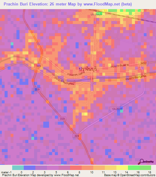 Prachin Buri,Thailand Elevation Map