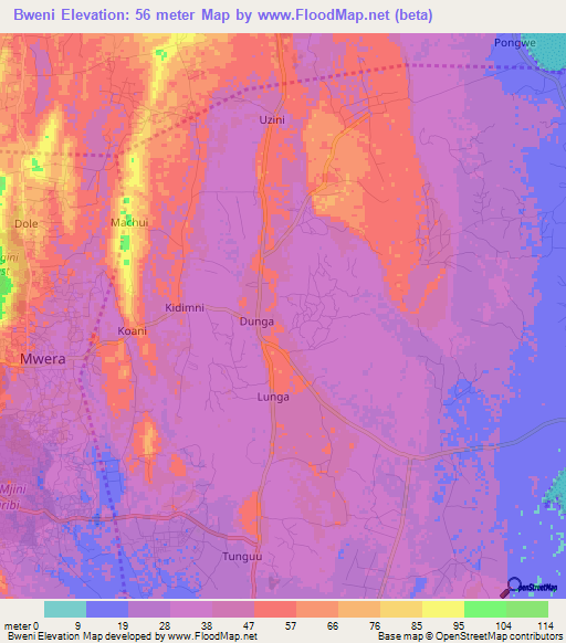 Bweni,Tanzania Elevation Map