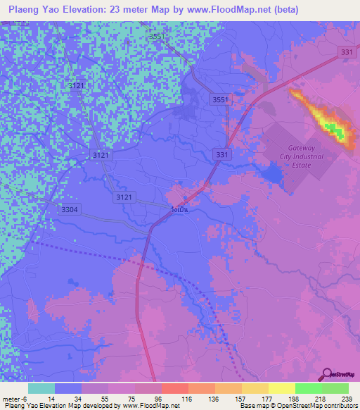 Plaeng Yao,Thailand Elevation Map