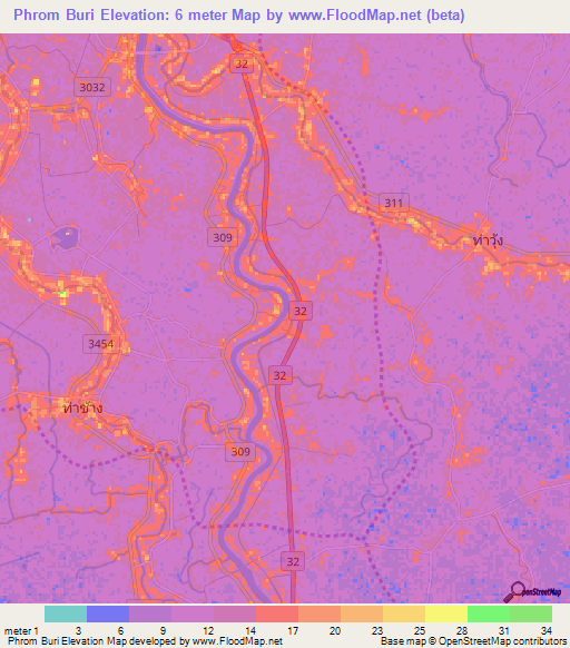 Phrom Buri,Thailand Elevation Map