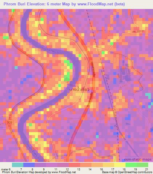 Phrom Buri,Thailand Elevation Map