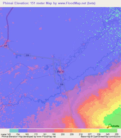 Phimai,Thailand Elevation Map