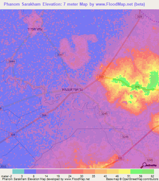 Phanom Sarakham,Thailand Elevation Map