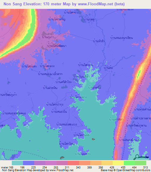 Non Sang,Thailand Elevation Map