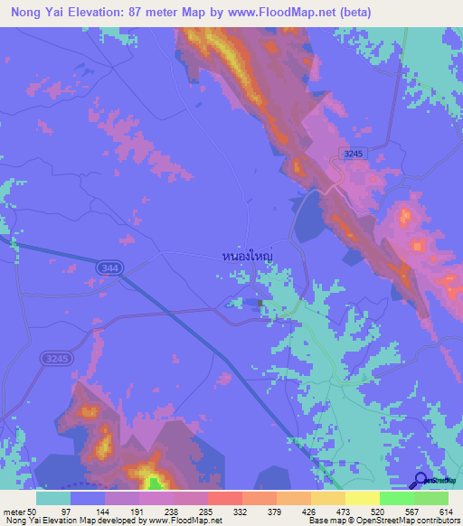 Nong Yai,Thailand Elevation Map