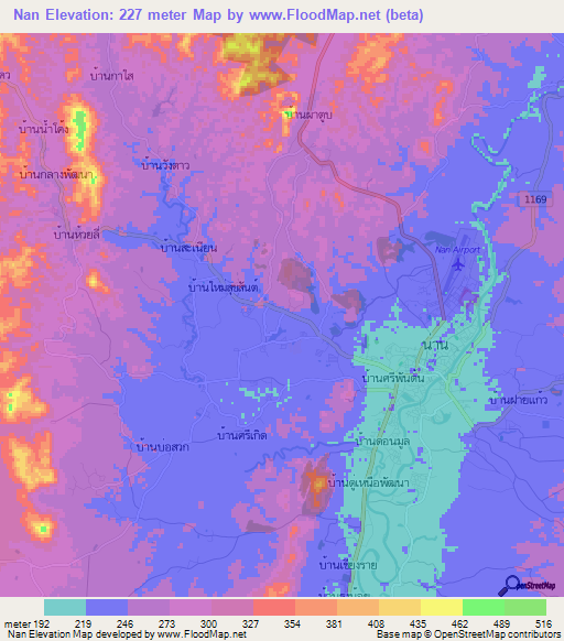 Nan,Thailand Elevation Map