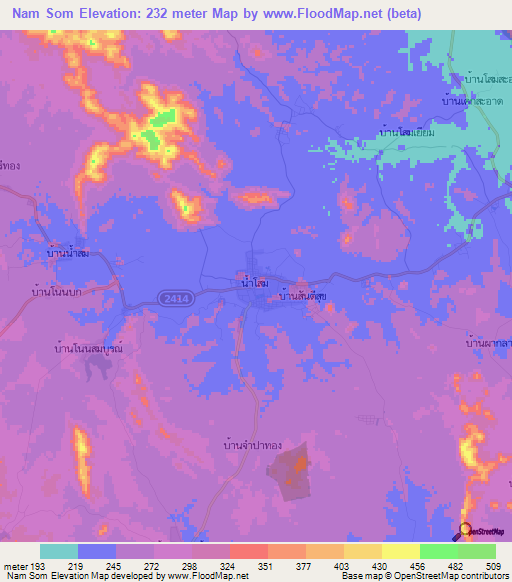 Nam Som,Thailand Elevation Map