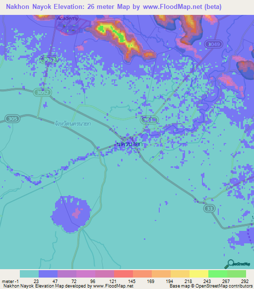 Nakhon Nayok,Thailand Elevation Map