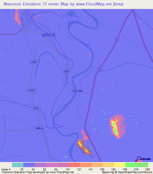 Manorom,Thailand Elevation Map