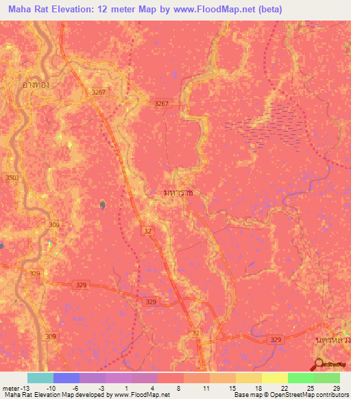 Maha Rat,Thailand Elevation Map