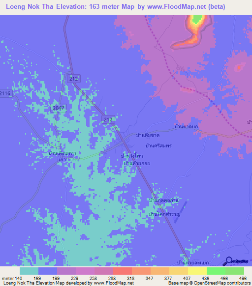 Loeng Nok Tha,Thailand Elevation Map