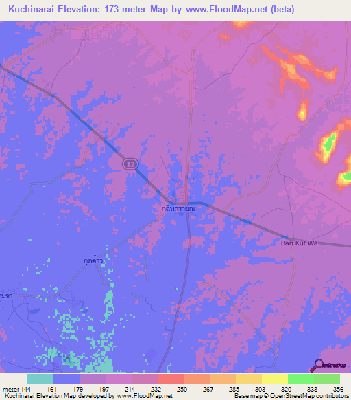 Kuchinarai,Thailand Elevation Map