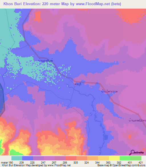 Khon Buri,Thailand Elevation Map
