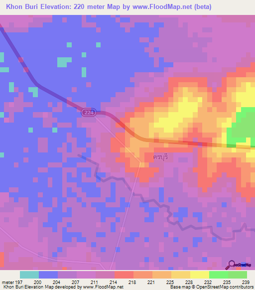 Khon Buri,Thailand Elevation Map