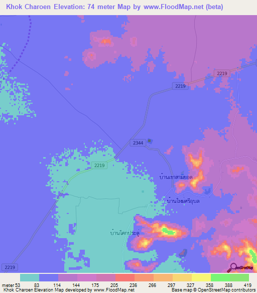Khok Charoen,Thailand Elevation Map