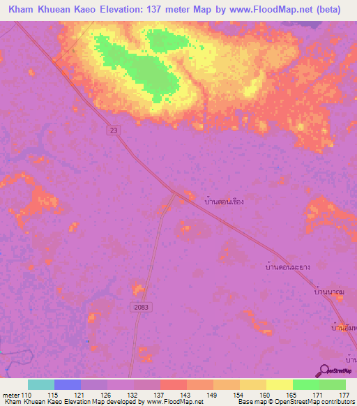 Kham Khuean Kaeo,Thailand Elevation Map