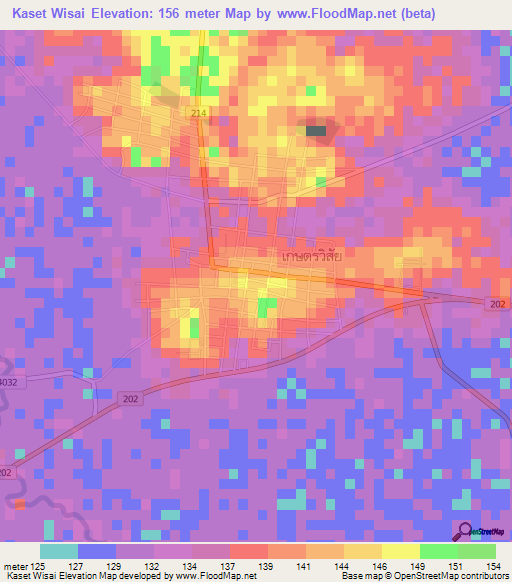 Kaset Wisai,Thailand Elevation Map
