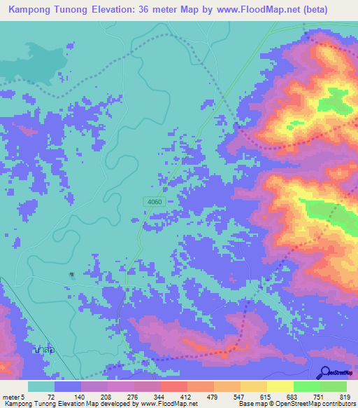 Kampong Tunong,Thailand Elevation Map