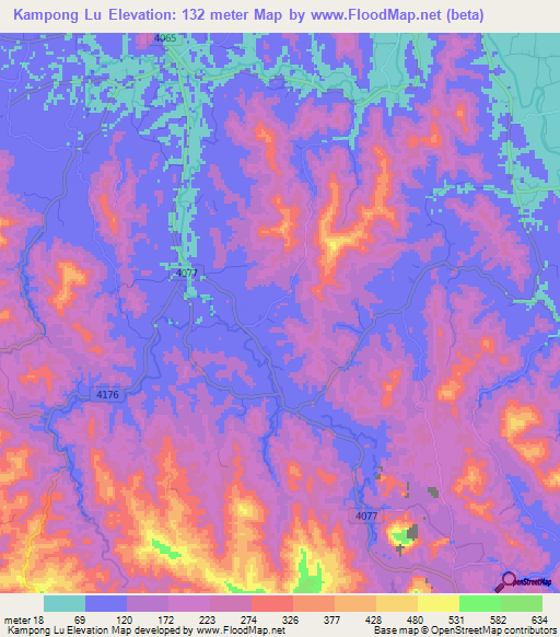 Kampong Lu,Thailand Elevation Map