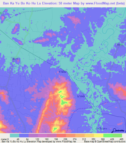 Ban Ka Yu Bo Ko Hu Lu,Thailand Elevation Map