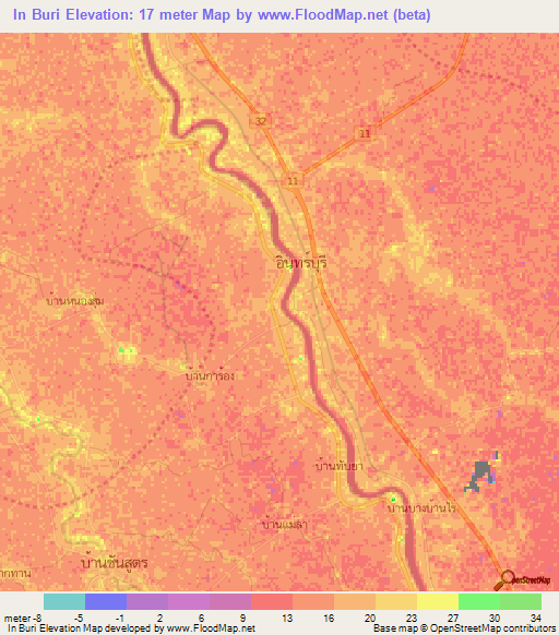 In Buri,Thailand Elevation Map