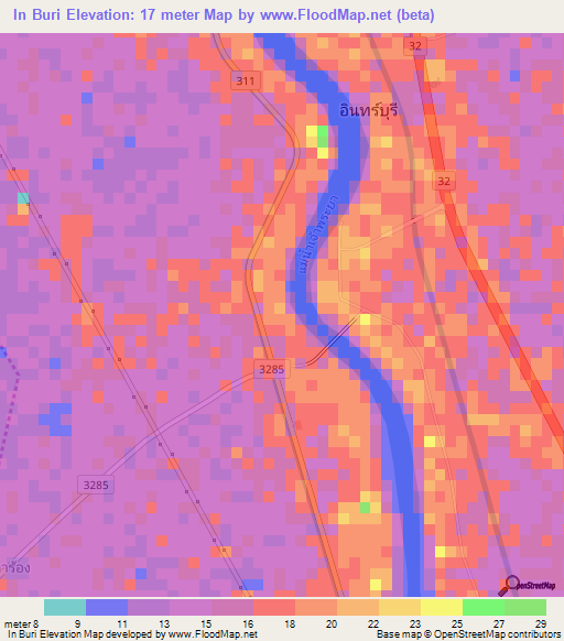In Buri,Thailand Elevation Map