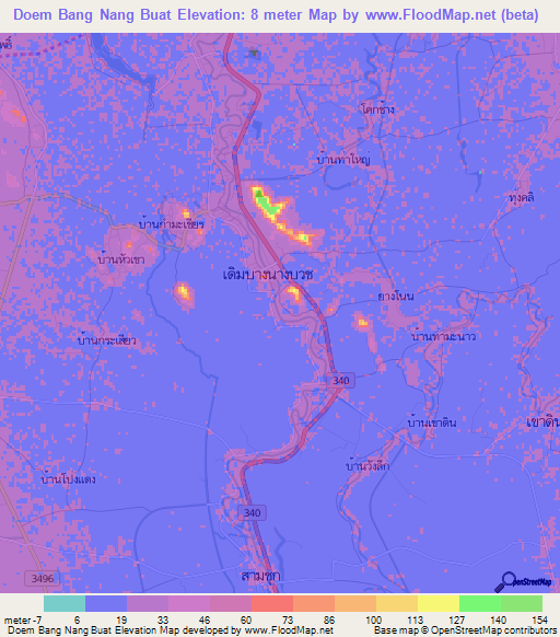 Doem Bang Nang Buat,Thailand Elevation Map