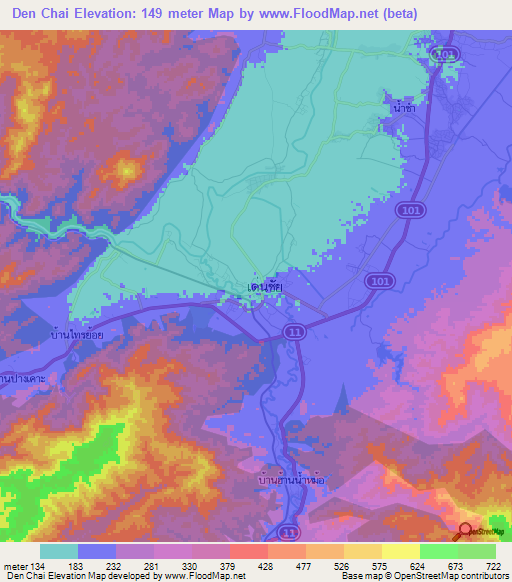 Den Chai,Thailand Elevation Map
