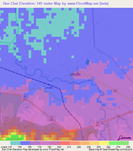 Den Chai,Thailand Elevation Map