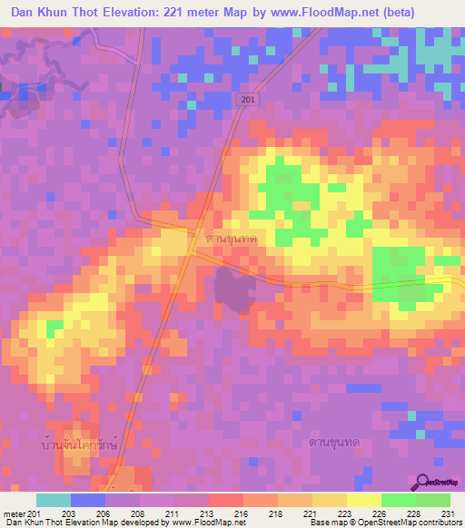 Dan Khun Thot,Thailand Elevation Map
