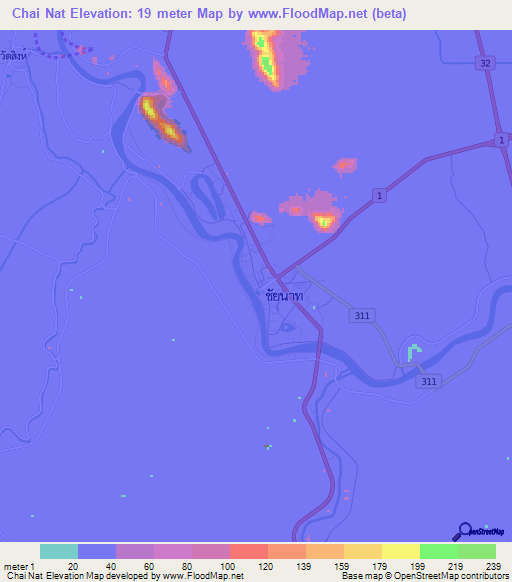 Chai Nat,Thailand Elevation Map
