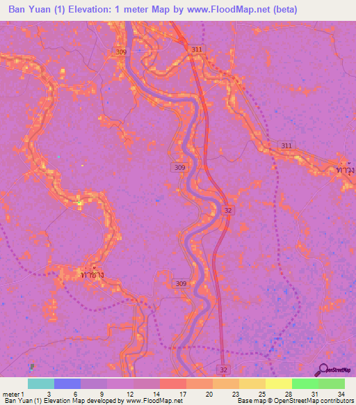 Ban Yuan (1),Thailand Elevation Map
