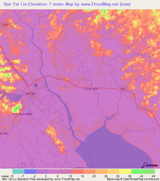 Ban Yai Liu,Thailand Elevation Map