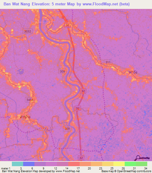 Ban Wat Nang,Thailand Elevation Map