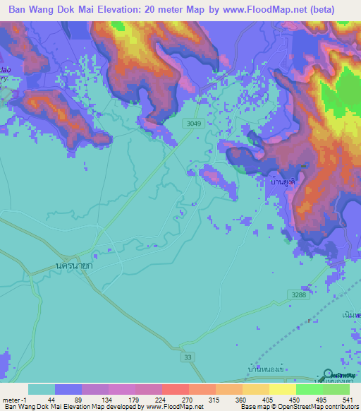 Ban Wang Dok Mai,Thailand Elevation Map
