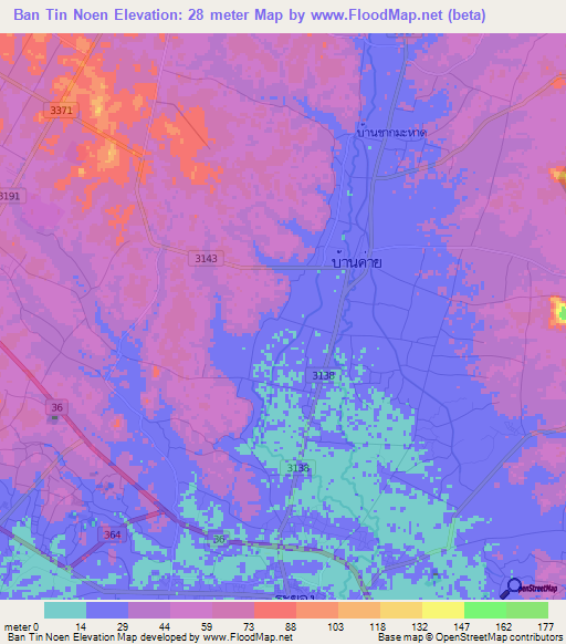 Ban Tin Noen,Thailand Elevation Map