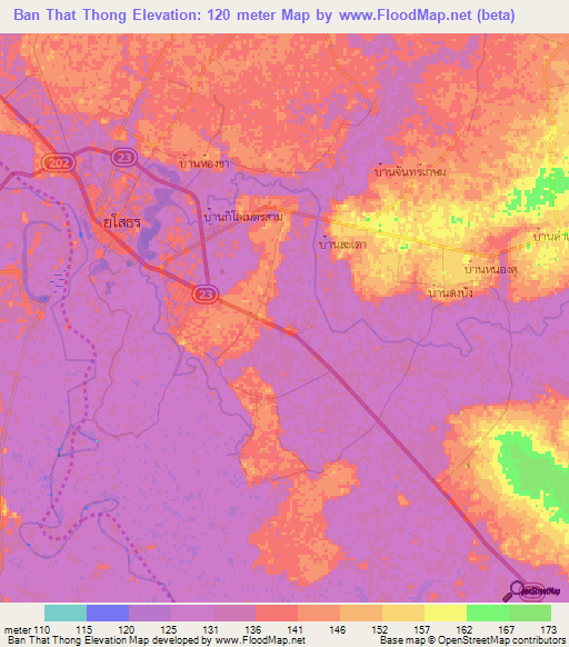 Ban That Thong,Thailand Elevation Map